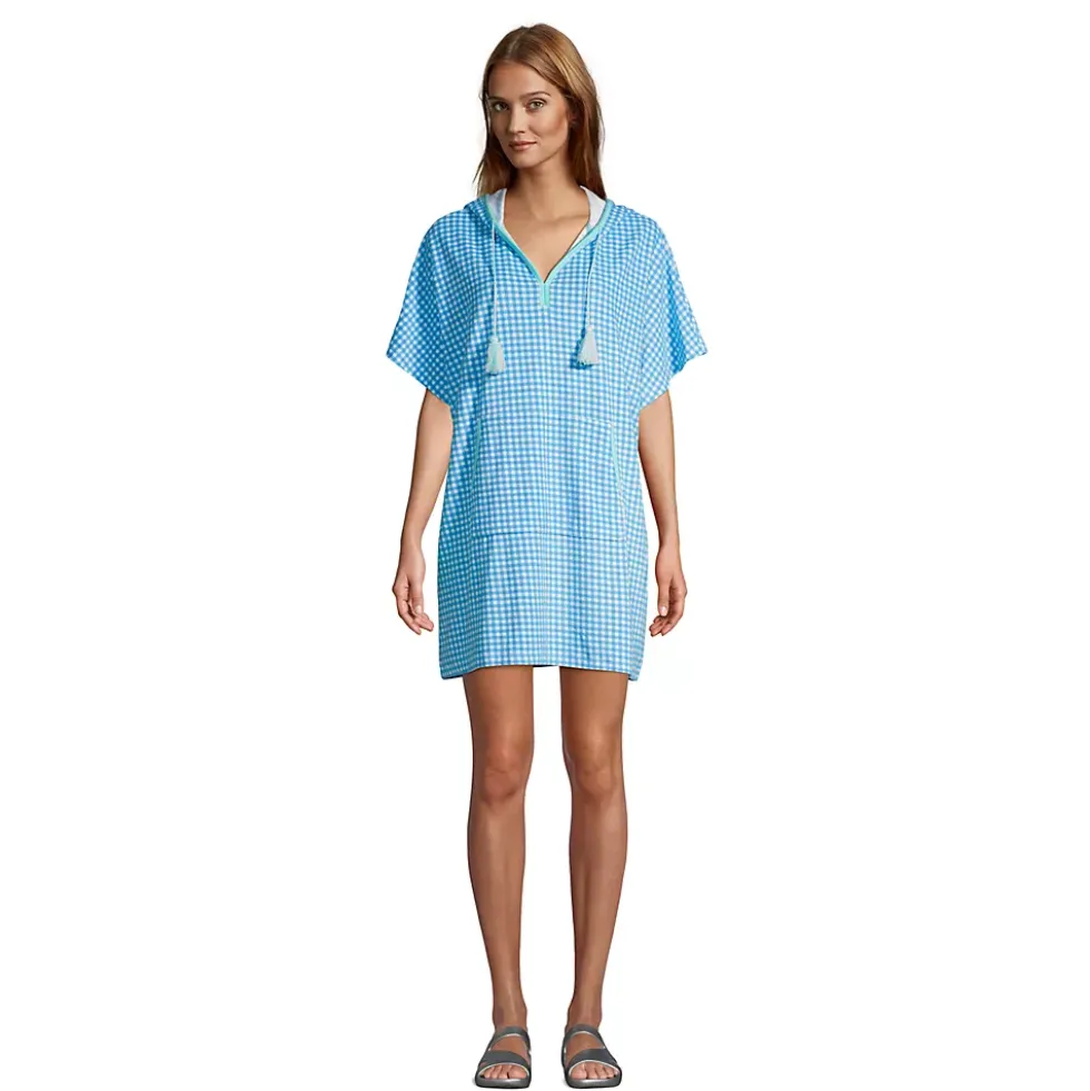 Women's Petite Terry V-neck Short Sleeve Hooded Swim Cover-up Dress with Pocket