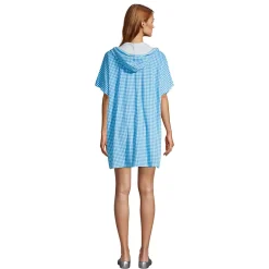 Women's Petite Terry V-neck Short Sleeve Hooded Swim Cover-up Dress with Pocket
