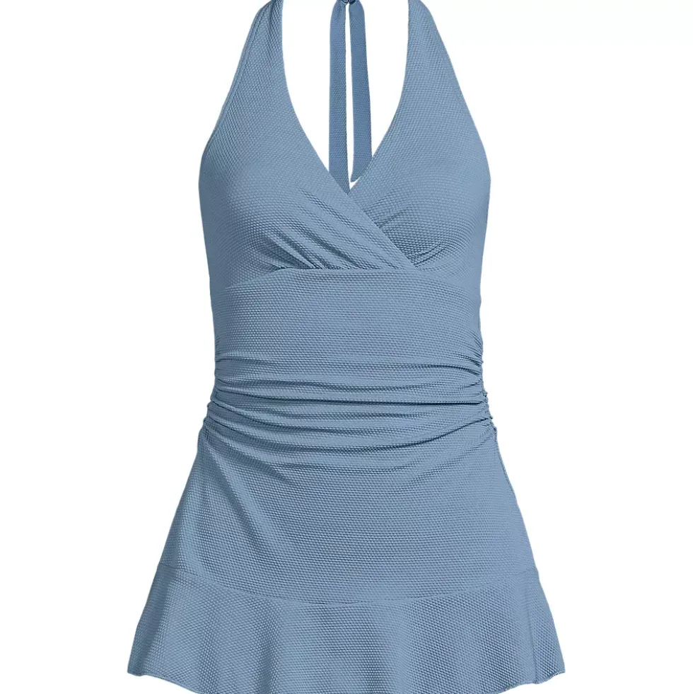 Women's Pique Halter Ruffle Hem Mini Swim Dress Swimsuit