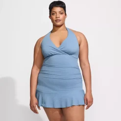 Women's Pique Halter Ruffle Hem Mini Swim Dress Swimsuit