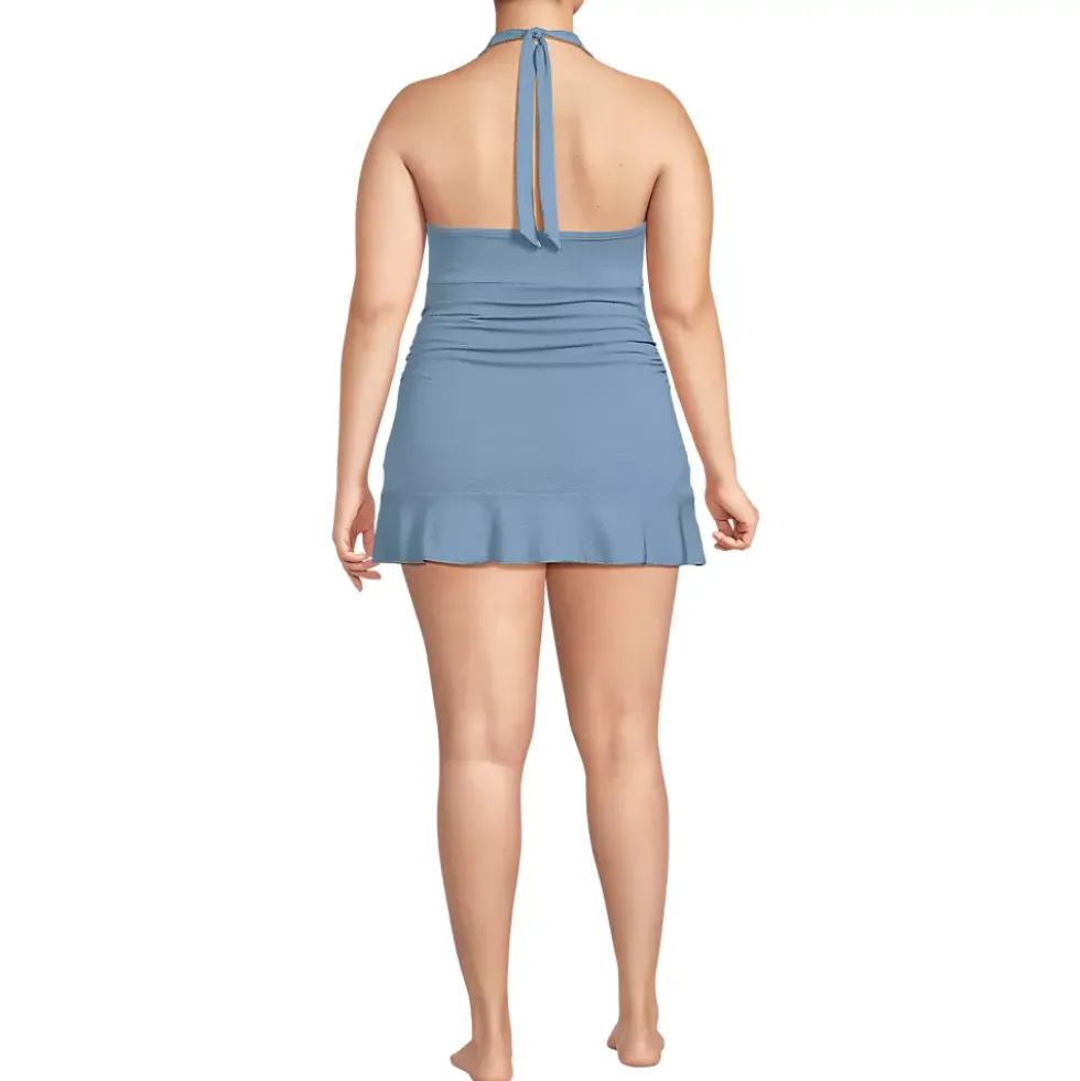 Women's Pique Halter Ruffle Hem Mini Swim Dress Swimsuit