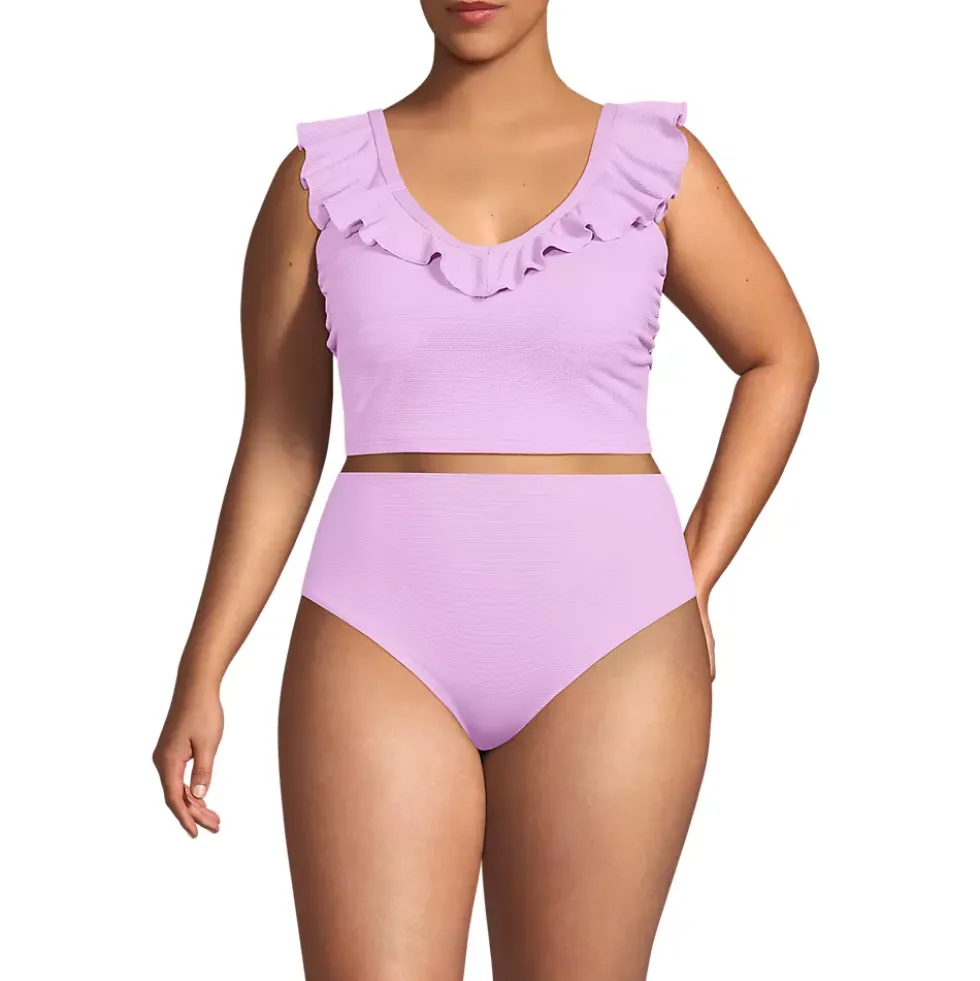 Women's Pique Ruffle Midkini Top and High Waisted Bottom Swimsuit Set