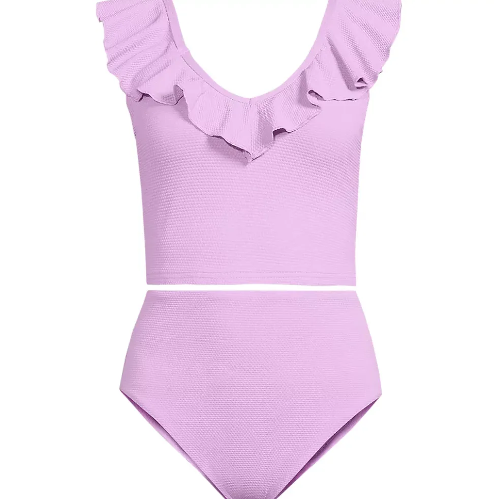Women's Pique Ruffle Midkini Top and High Waisted Bottom Swimsuit Set