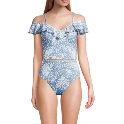 Women's Pique Ruffle Midkini Top and High Waisted Bottom Swimsuit Set