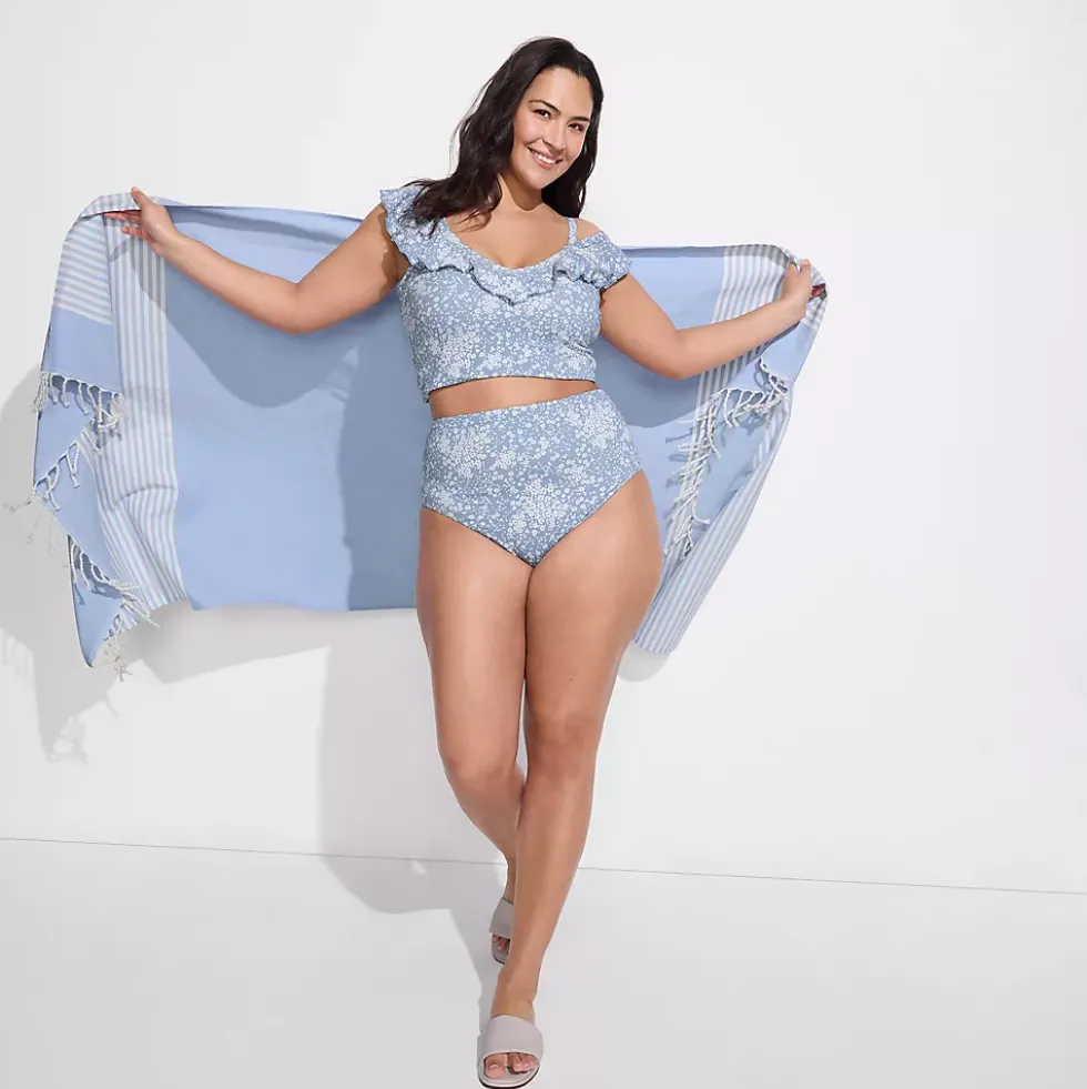 Women's Pique Ruffle Midkini Top and High Waisted Bottom Swimsuit Set