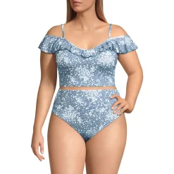 Women's Pique Ruffle Midkini Top and High Waisted Bottom Swimsuit Set
