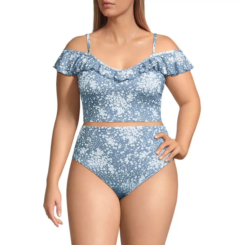 Women's Pique Ruffle Midkini Top and High Waisted Bottom Swimsuit Set
