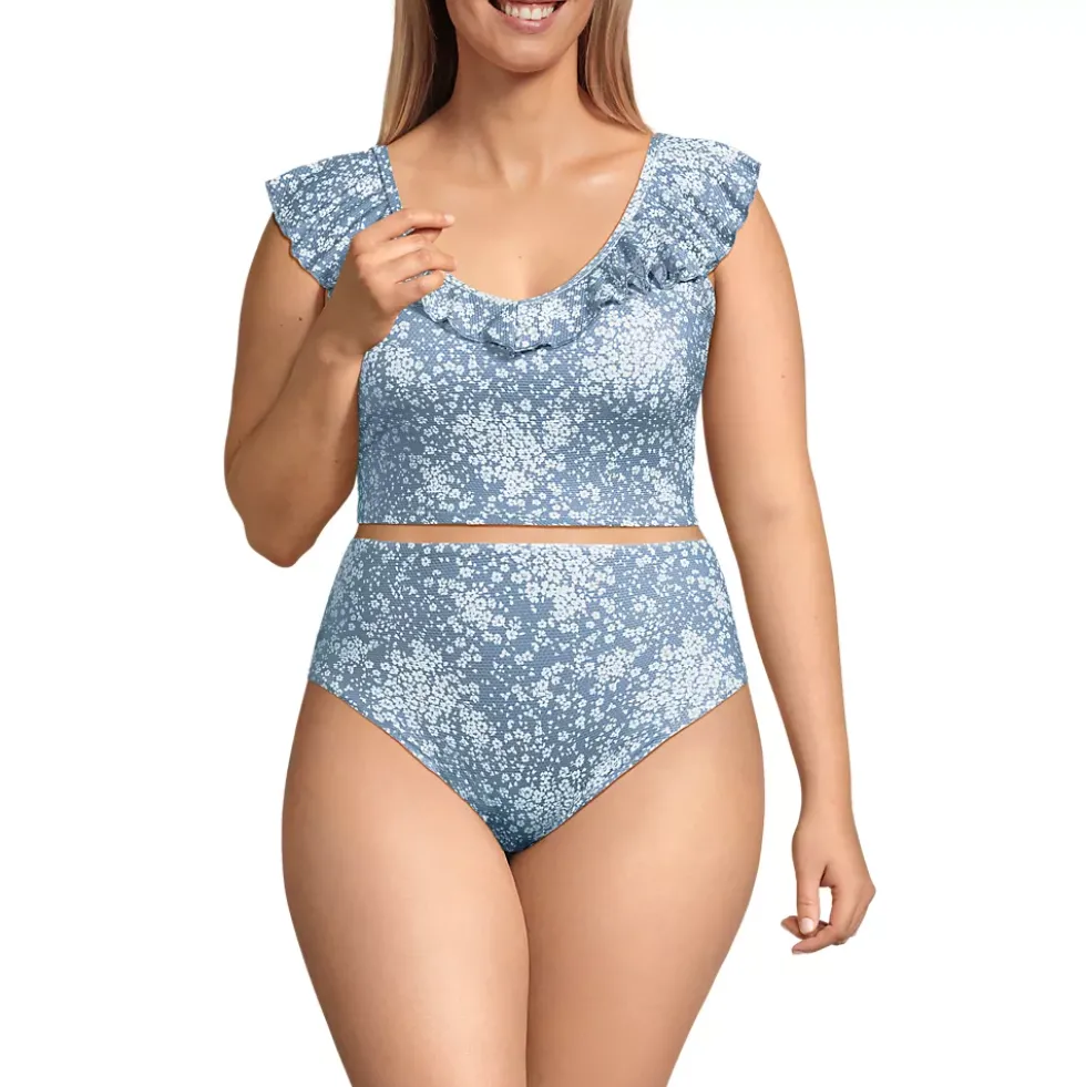 Women's Pique Ruffle Midkini Top and High Waisted Bottom Swimsuit Set