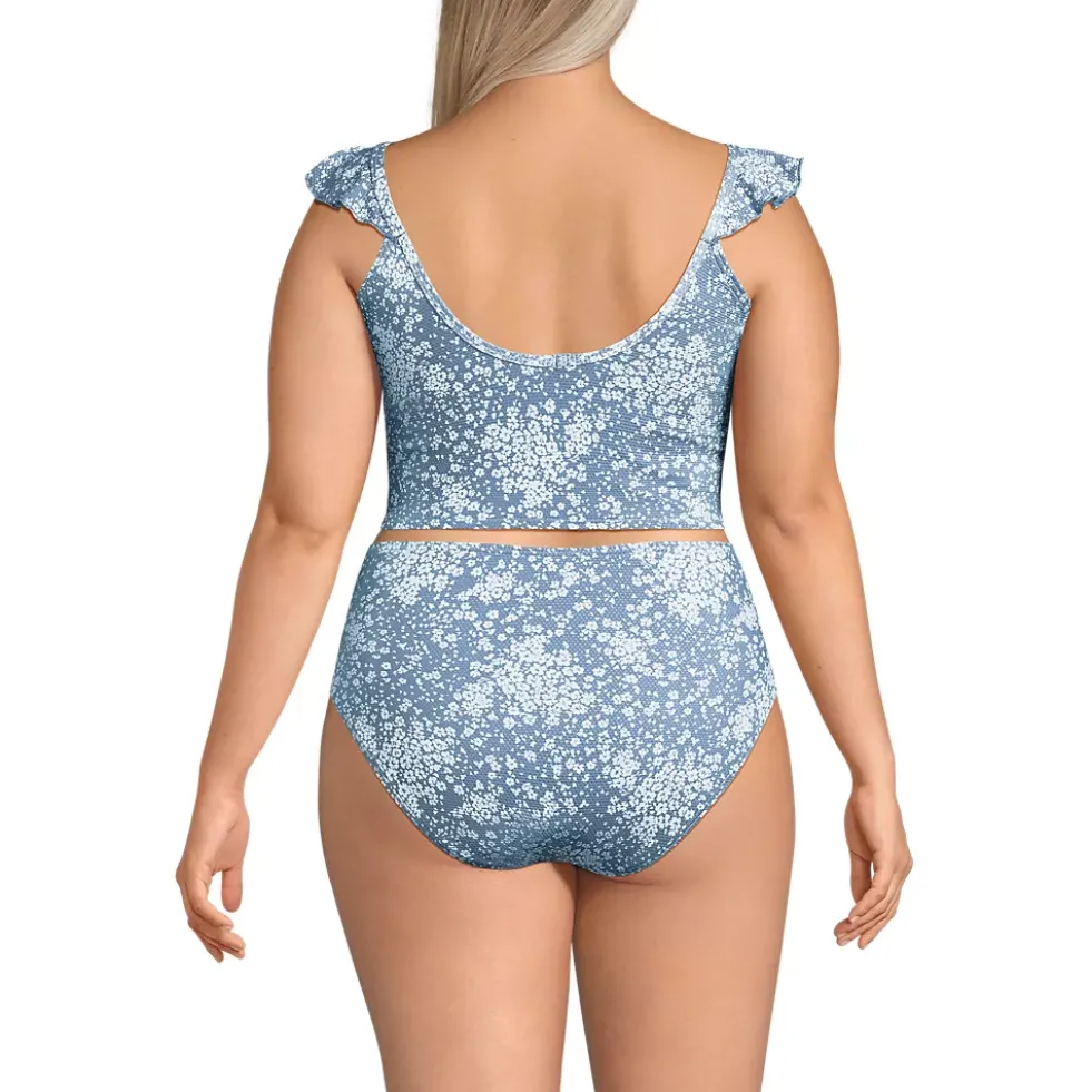 Women's Pique Ruffle Midkini Top and High Waisted Bottom Swimsuit Set