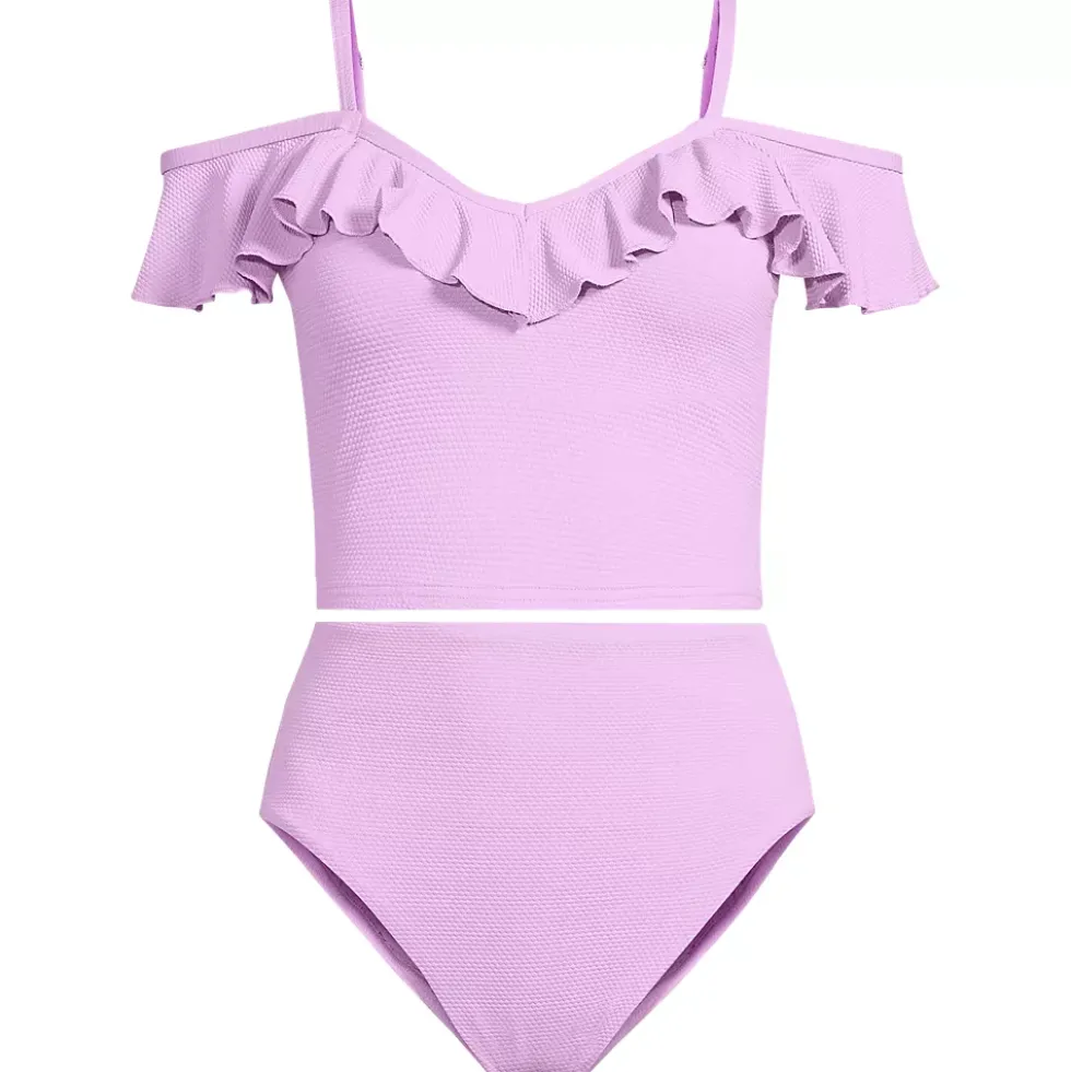 Women's Pique Ruffle Midkini Top and High Waisted Bottom Swimsuit Set