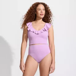 Women's Pique Ruffle Midkini Top and High Waisted Bottom Swimsuit Set