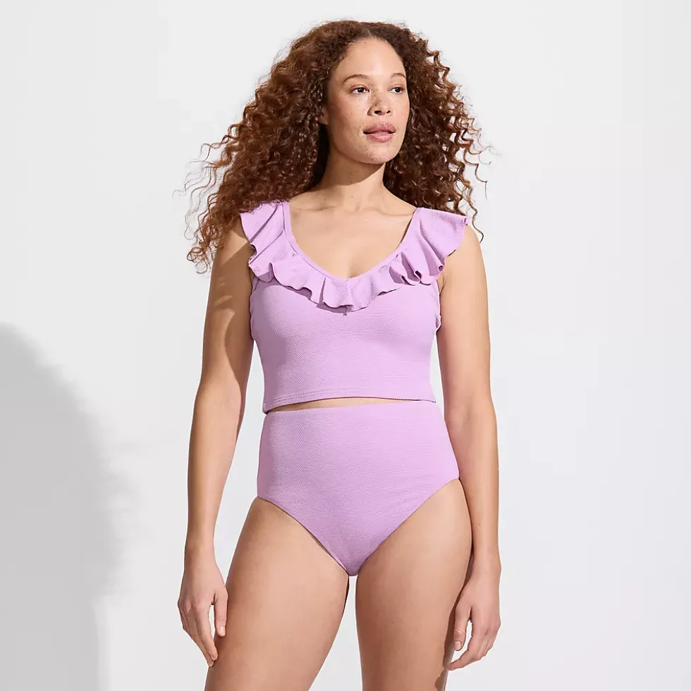 Women's Pique Ruffle Midkini Top and High Waisted Bottom Swimsuit Set
