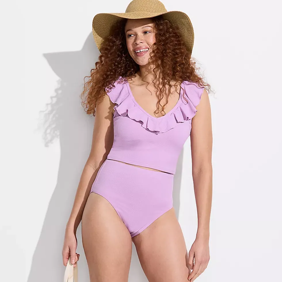 Women's Pique Ruffle Midkini Top and High Waisted Bottom Swimsuit Set