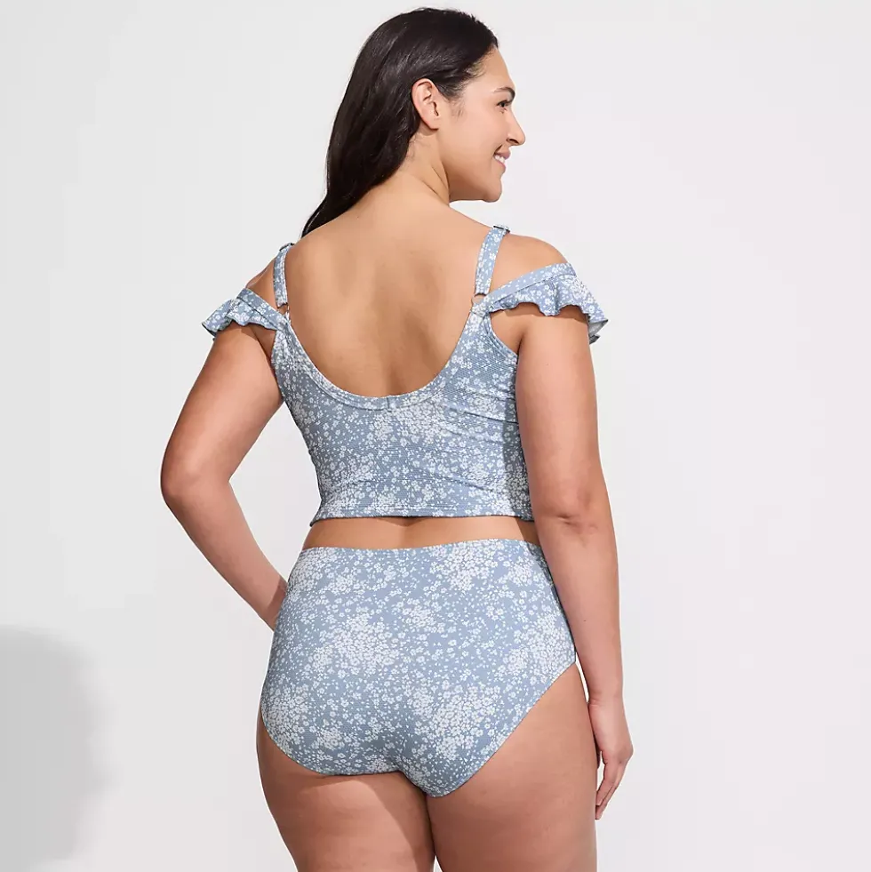 Women's Pique Ruffle Midkini Top and High Waisted Bottom Swimsuit Set
