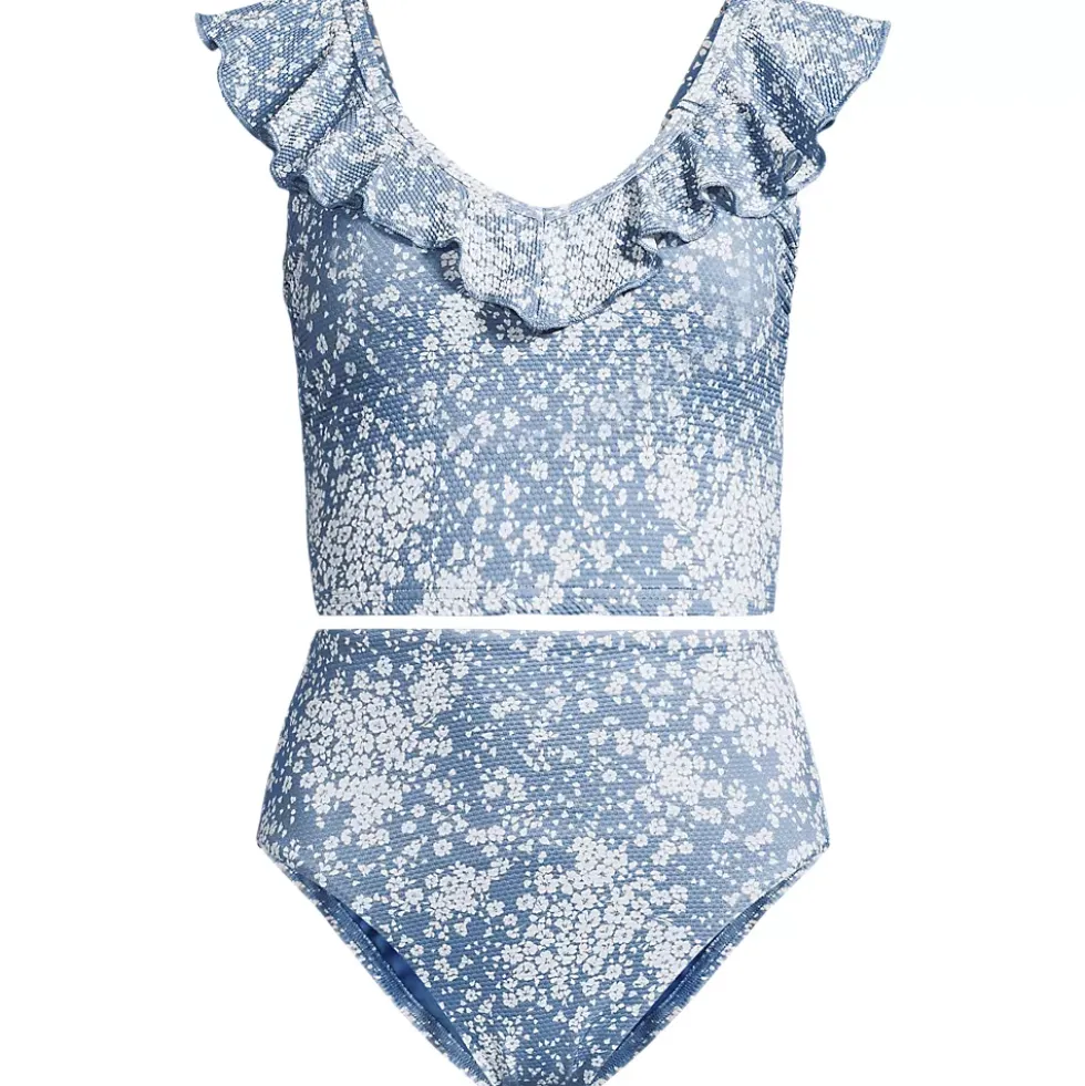 Women's Pique Ruffle Midkini Top and High Waisted Bottom Swimsuit Set