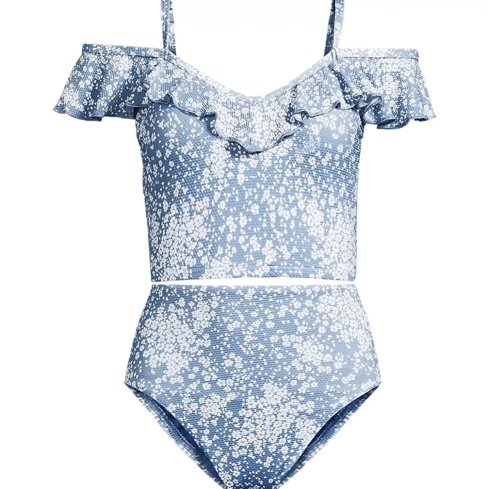 Women's Pique Ruffle Midkini Top and High Waisted Bottom Swimsuit Set