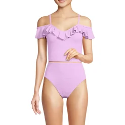 Women's Pique Ruffle Midkini Top and High Waisted Bottom Swimsuit Set