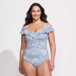 Women's Pique Ruffle Midkini Top and High Waisted Bottom Swimsuit Set