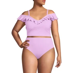 Women's Pique Ruffle Midkini Top and High Waisted Bottom Swimsuit Set