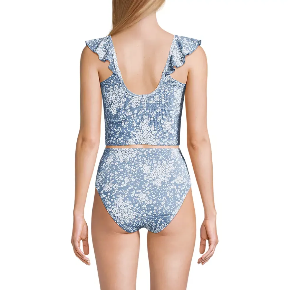 Women's Pique Ruffle Midkini Top and High Waisted Bottom Swimsuit Set