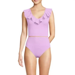 Women's Pique Ruffle Midkini Top and High Waisted Bottom Swimsuit Set