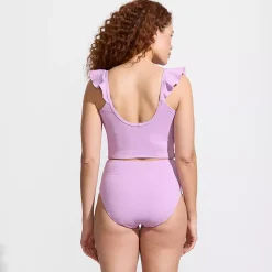 Women's Pique Ruffle Midkini Top and High Waisted Bottom Swimsuit Set