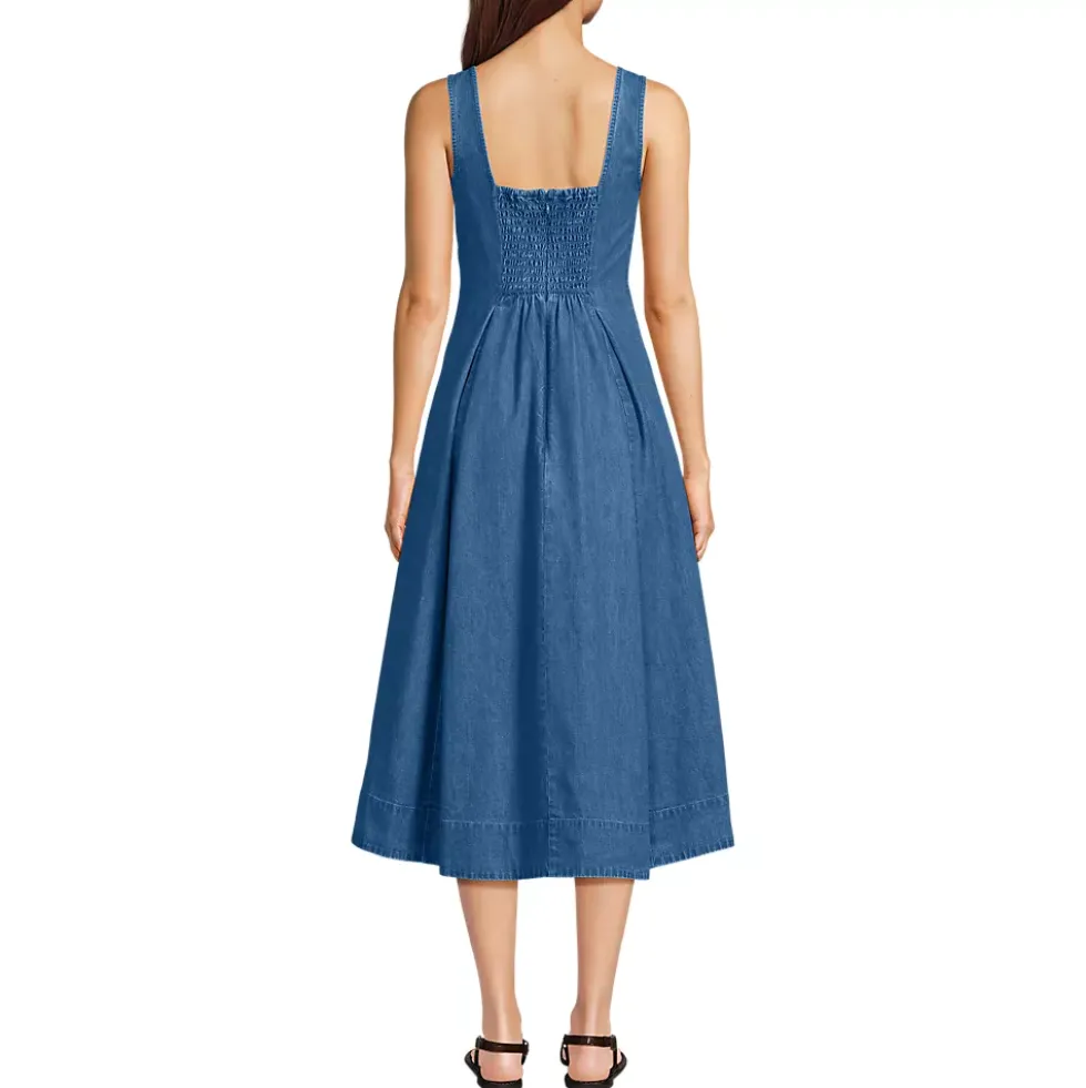 Women's Pleated Square Neck Light Weight Denim Midi Dress