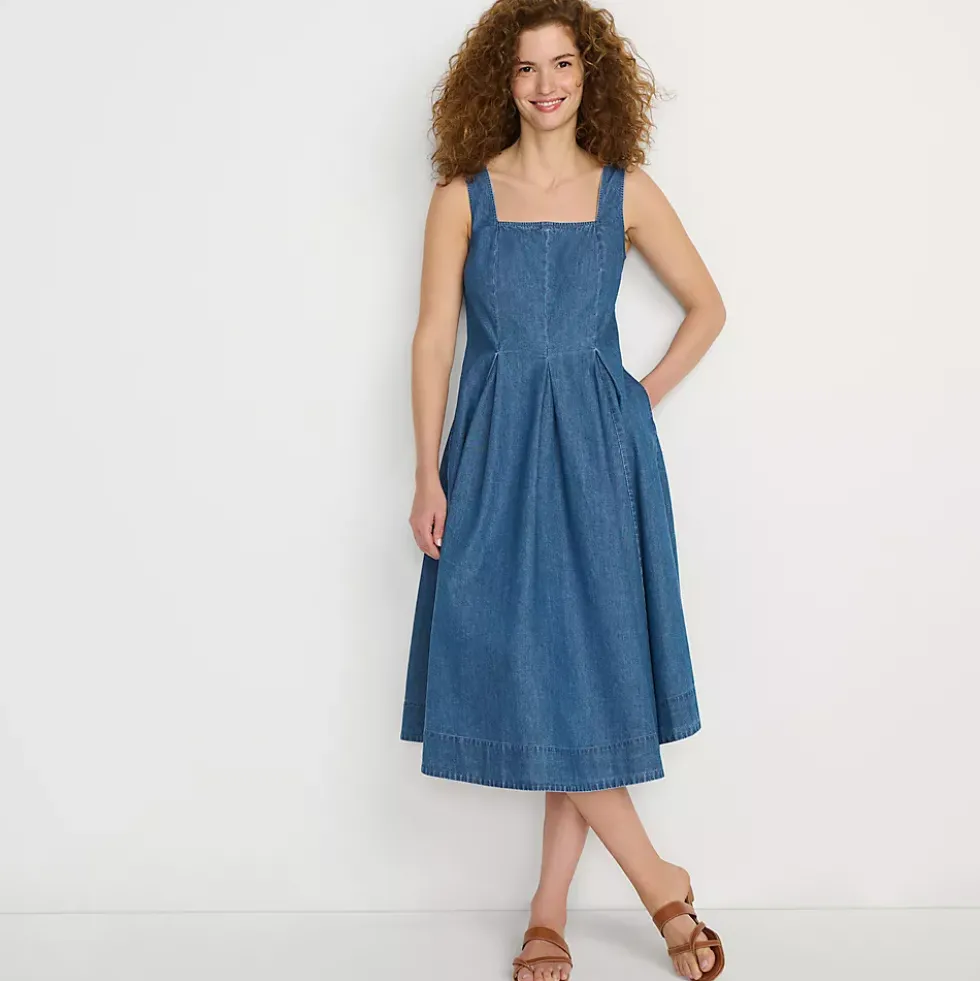 Women's Pleated Square Neck Light Weight Denim Midi Dress
