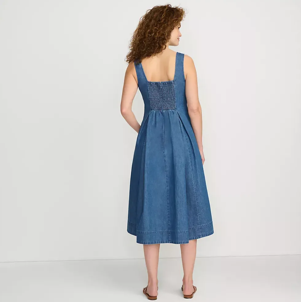 Women's Pleated Square Neck Light Weight Denim Midi Dress