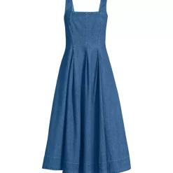 Women's Pleated Square Neck Light Weight Denim Midi Dress