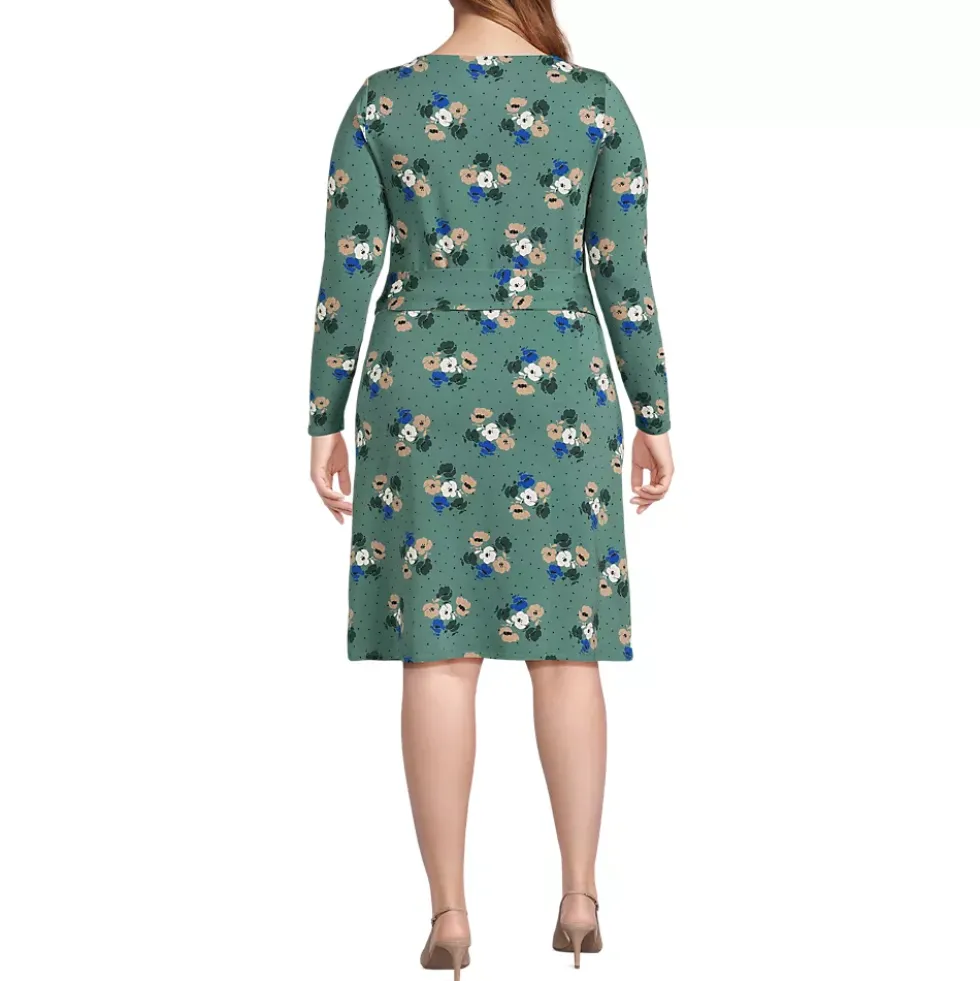 Women's Plus Size Boatneck Long Sleeve Tie Waist Dress