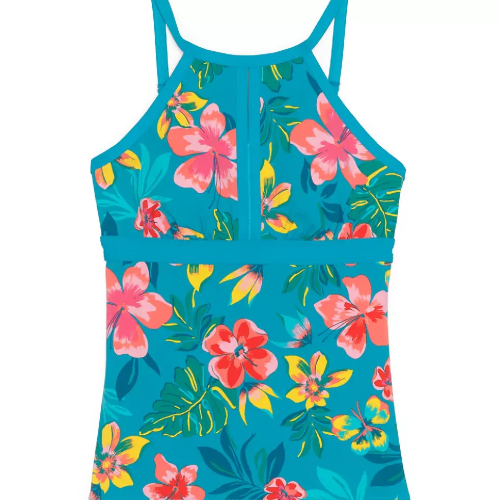 Women's Plus Size DD-Cup Keyhole High Neck Modest Tankini Top Swimsuit Adjustable Straps Print