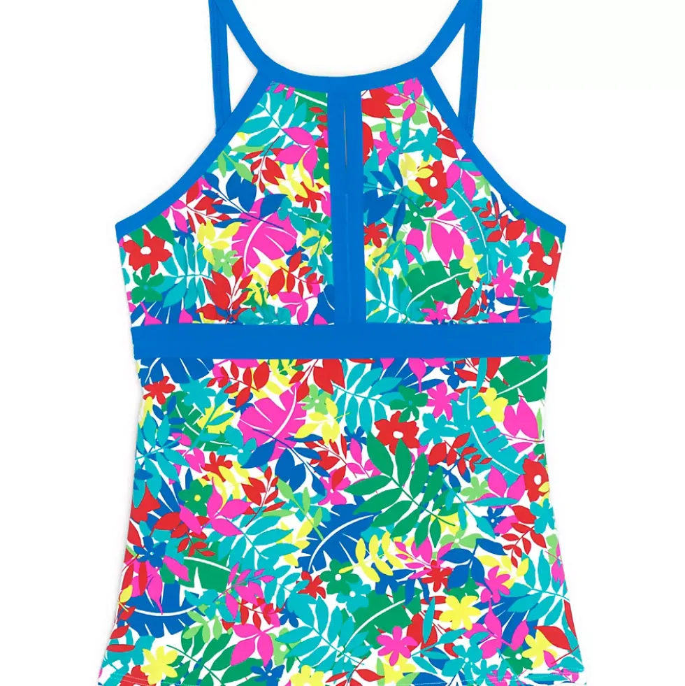 Women's Plus Size DD-Cup Keyhole High Neck Modest Tankini Top Swimsuit Adjustable Straps Print