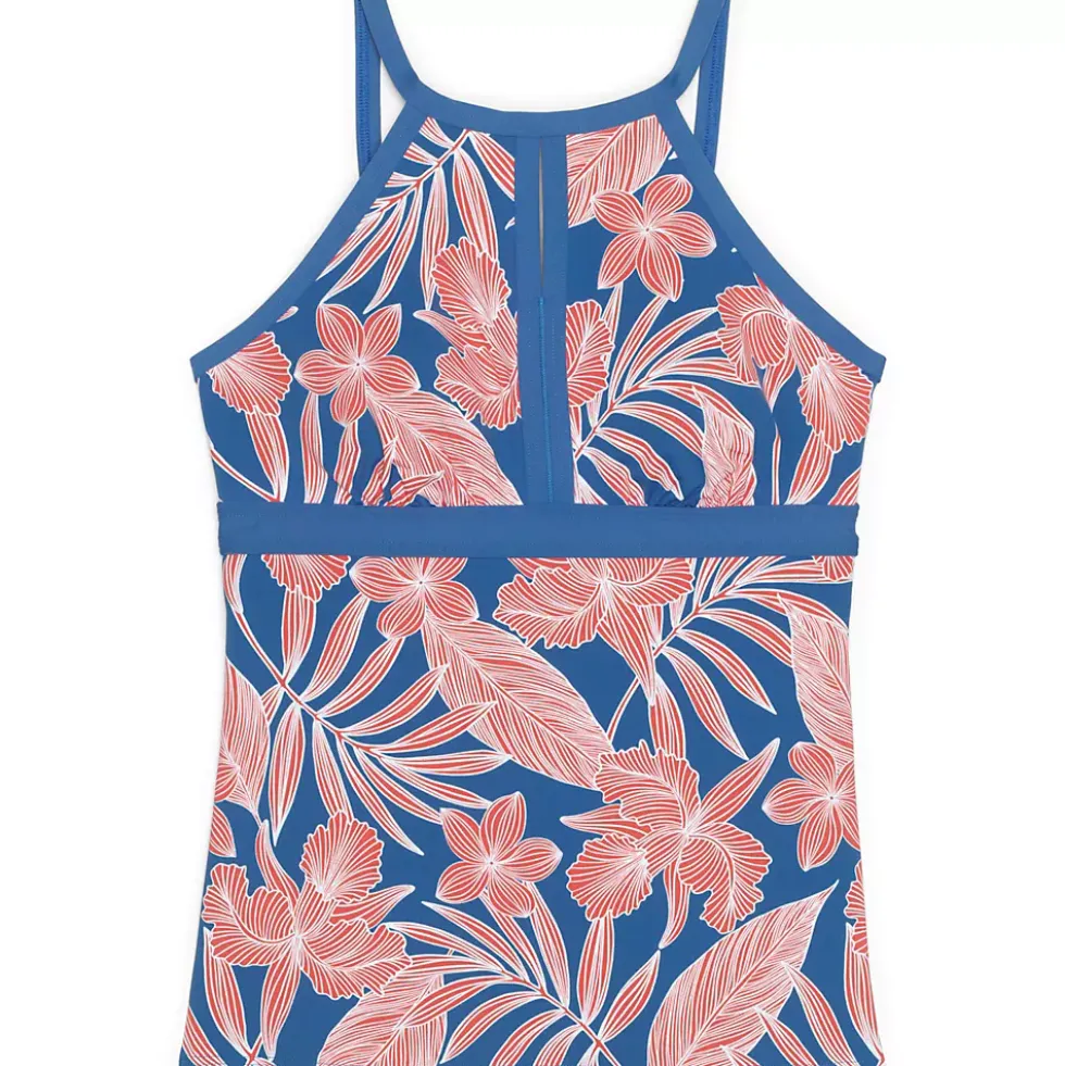 Women's Plus Size DD-Cup Keyhole High Neck Modest Tankini Top Swimsuit Adjustable Straps Print