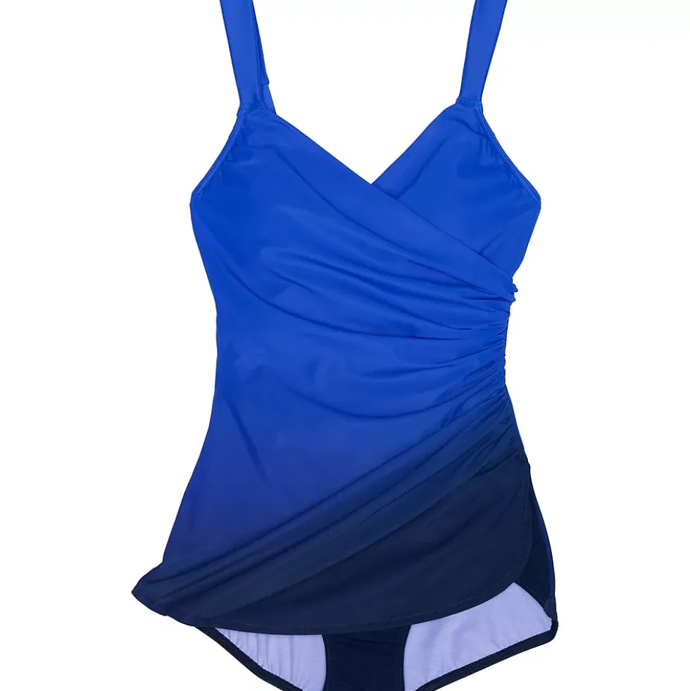 Women's Plus Size DDD-Cup Slender Tummy Control Chlorine Resistant Skirted One Piece Swimsuit Print
