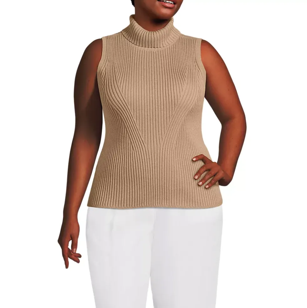 Women's Plus Size Fine Gauge Cotton Turtleneck Tank Sweater