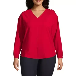 Women's Plus Size Long Sleeve V-neck Button Shoulder Crepe Blouse