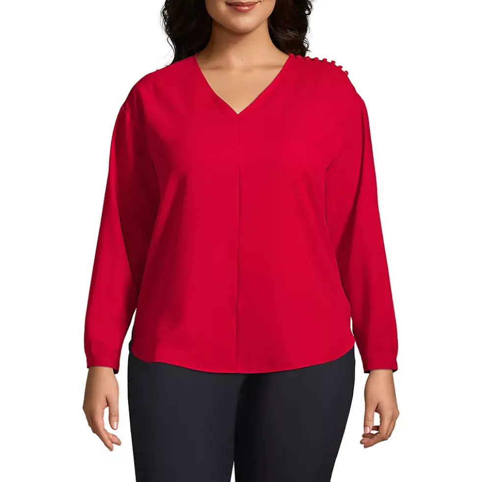 Women's Plus Size Long Sleeve V-neck Button Shoulder Crepe Blouse