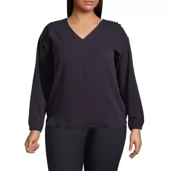 Women's Plus Size Long Sleeve V-neck Button Shoulder Crepe Blouse