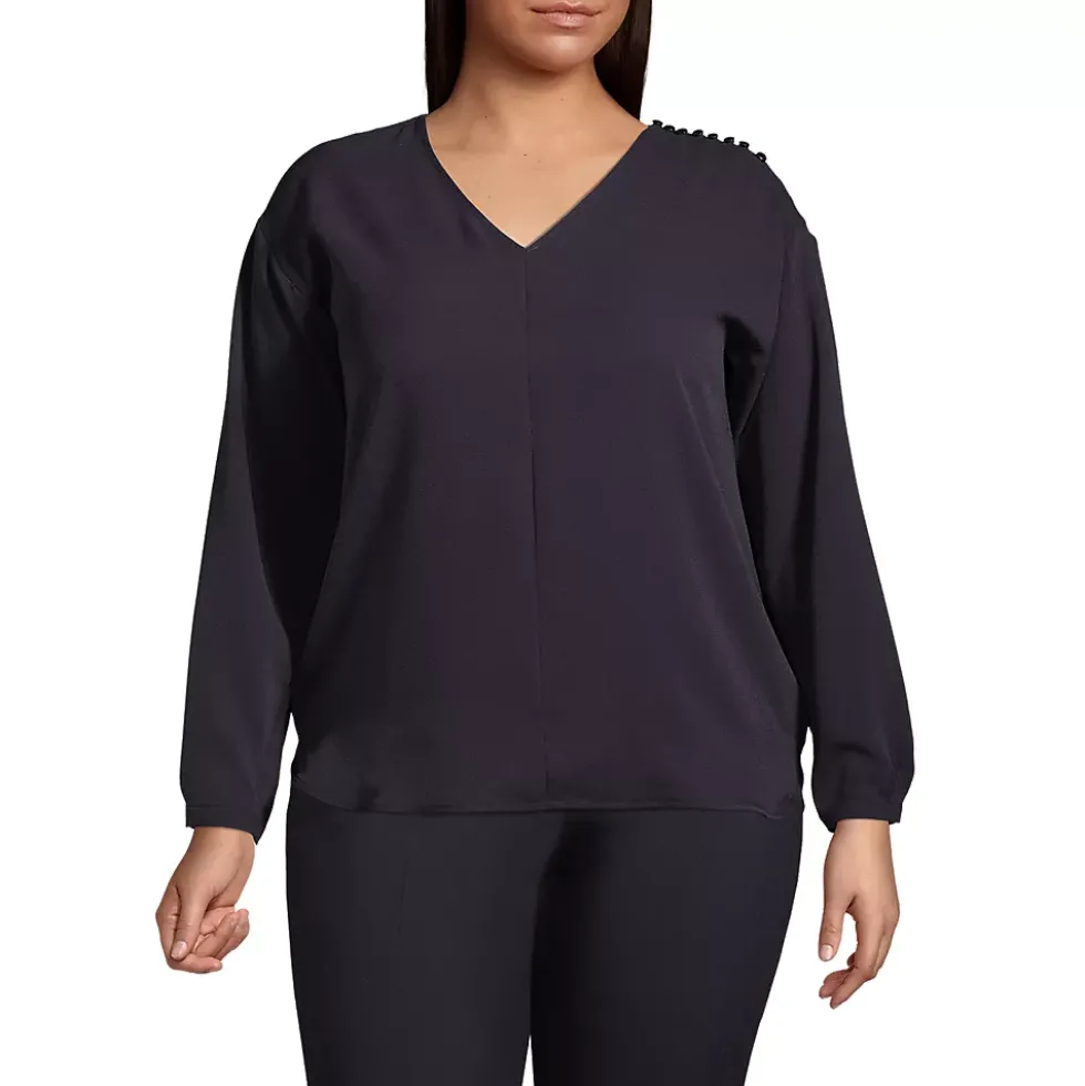 Women's Plus Size Long Sleeve V-neck Button Shoulder Crepe Blouse