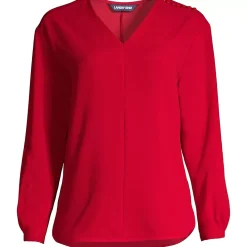 Women's Plus Size Long Sleeve V-neck Button Shoulder Crepe Blouse