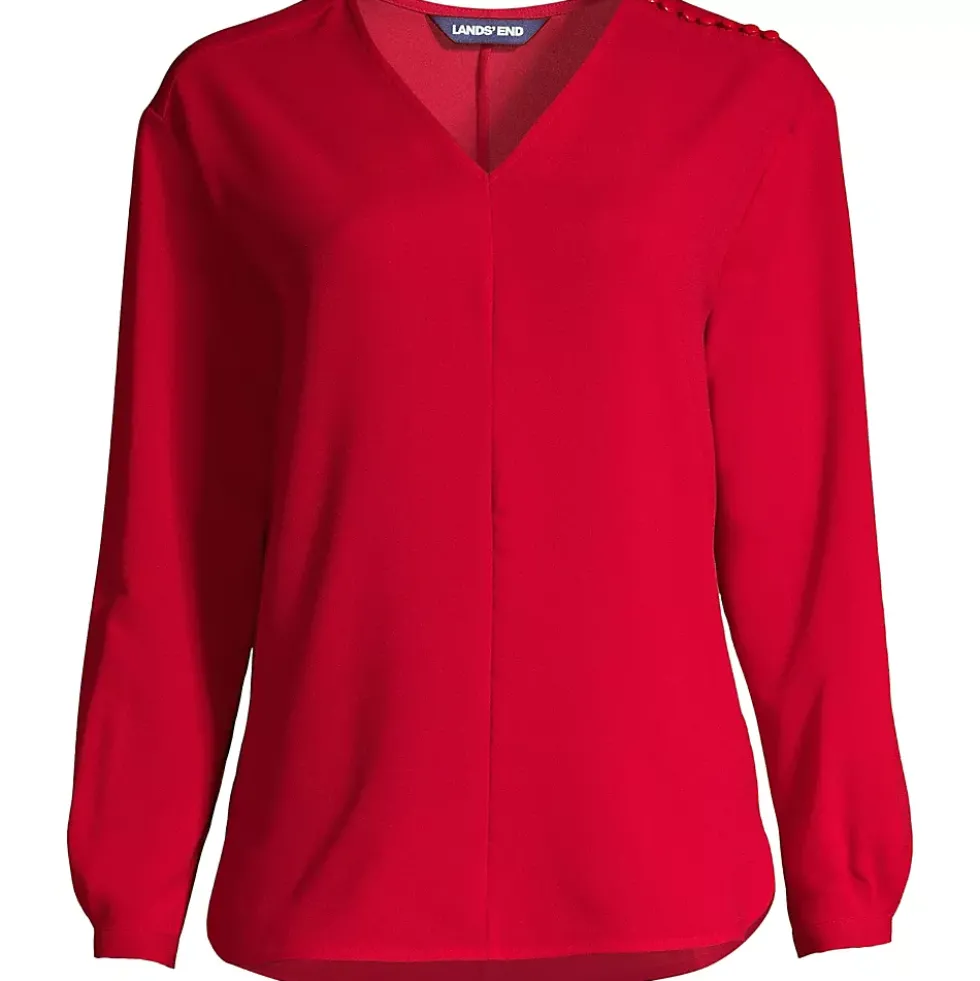 Women's Plus Size Long Sleeve V-neck Button Shoulder Crepe Blouse