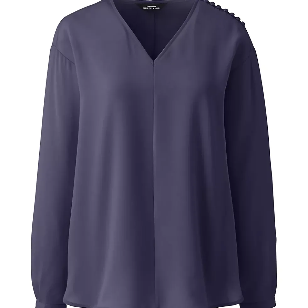 Women's Plus Size Long Sleeve V-neck Button Shoulder Crepe Blouse