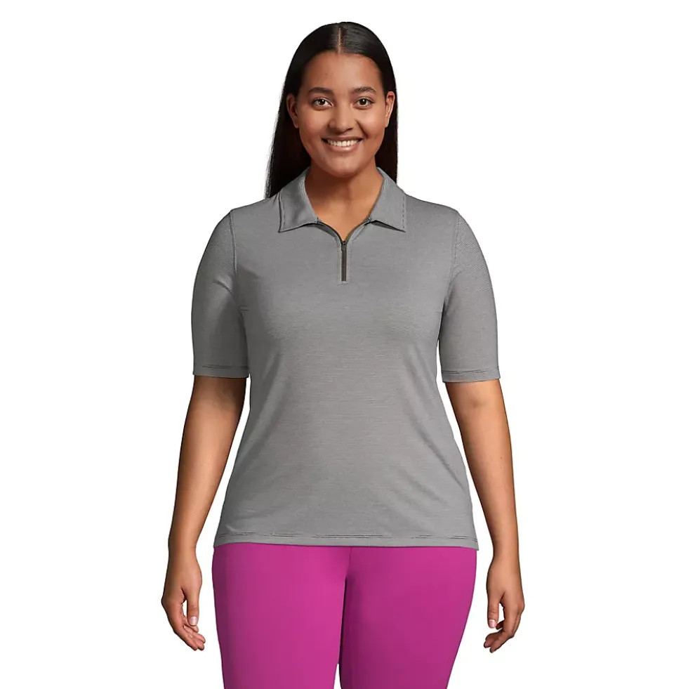 Women's Plus Size Moisture Wicking UPF Sun Elbow Sleeve Zip Front Polo Shirt