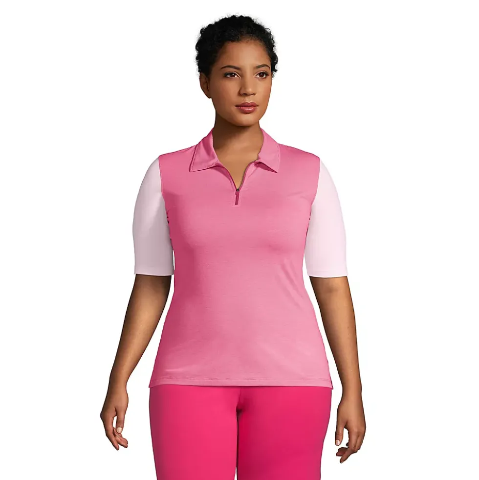 Women's Plus Size Moisture Wicking UPF Sun Elbow Sleeve Zip Front Polo Shirt