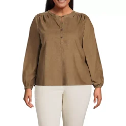 Women's Plus Size Pinwale Cord Smocked Popover Shirt