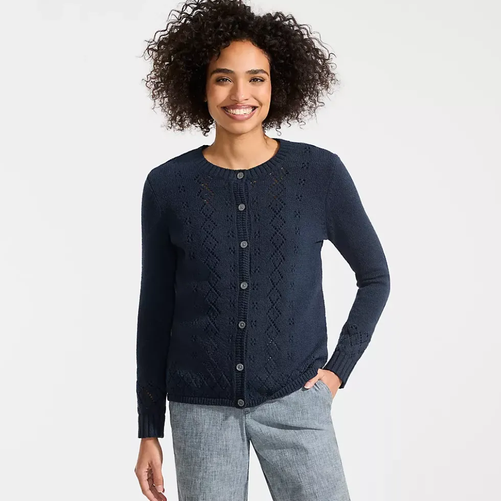 Women's Pointelle Crew Neck Cardigan Sweater
