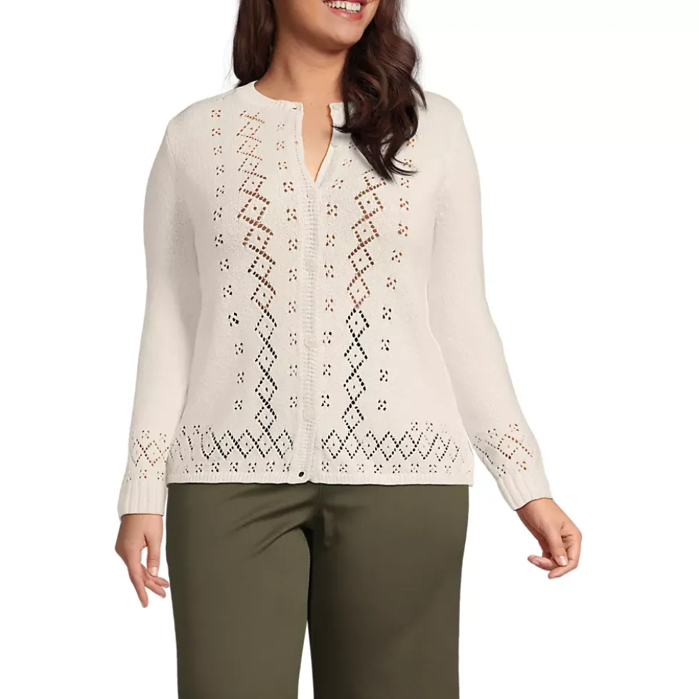 Women's Pointelle Crew Neck Cardigan Sweater
