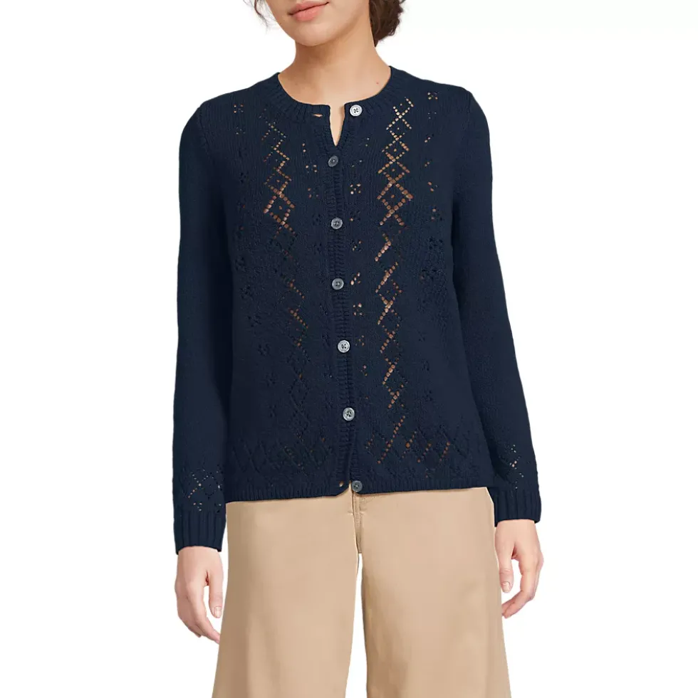 Women's Pointelle Crew Neck Cardigan Sweater