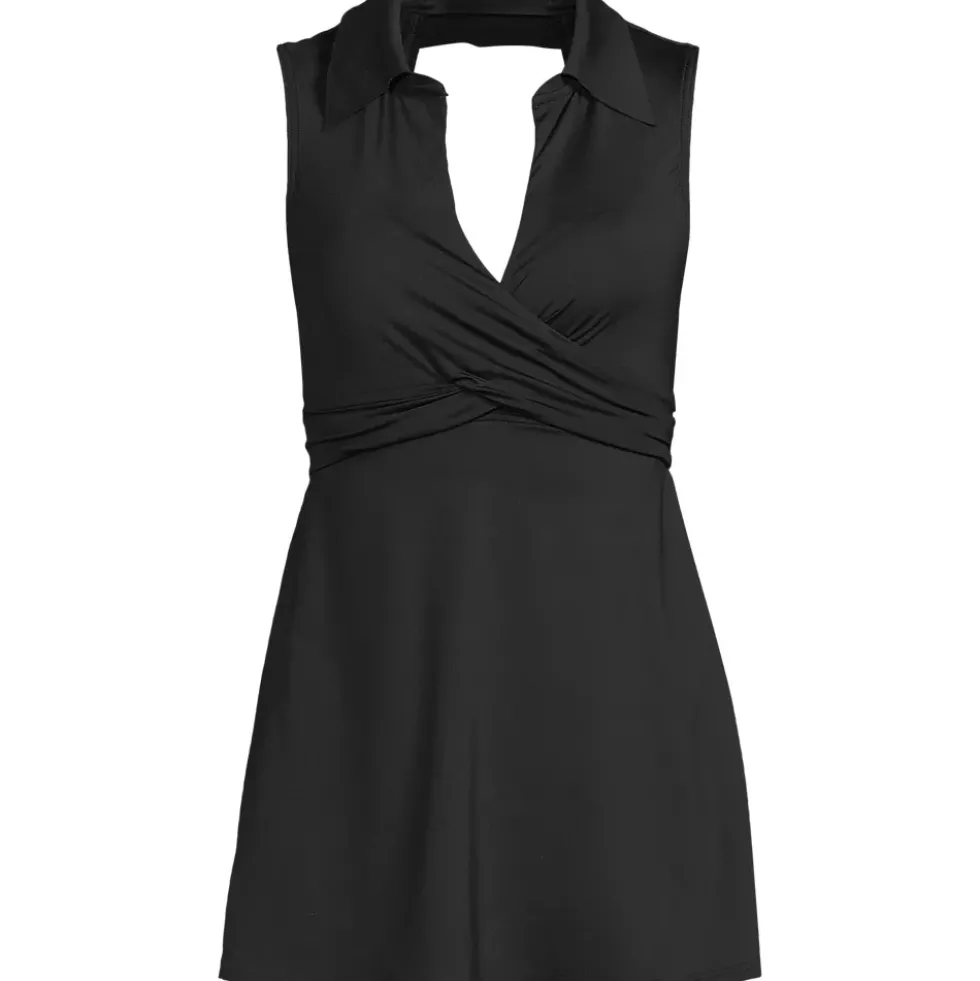 Women's Polo Collar Tie Front Swim Dress Swimsuit